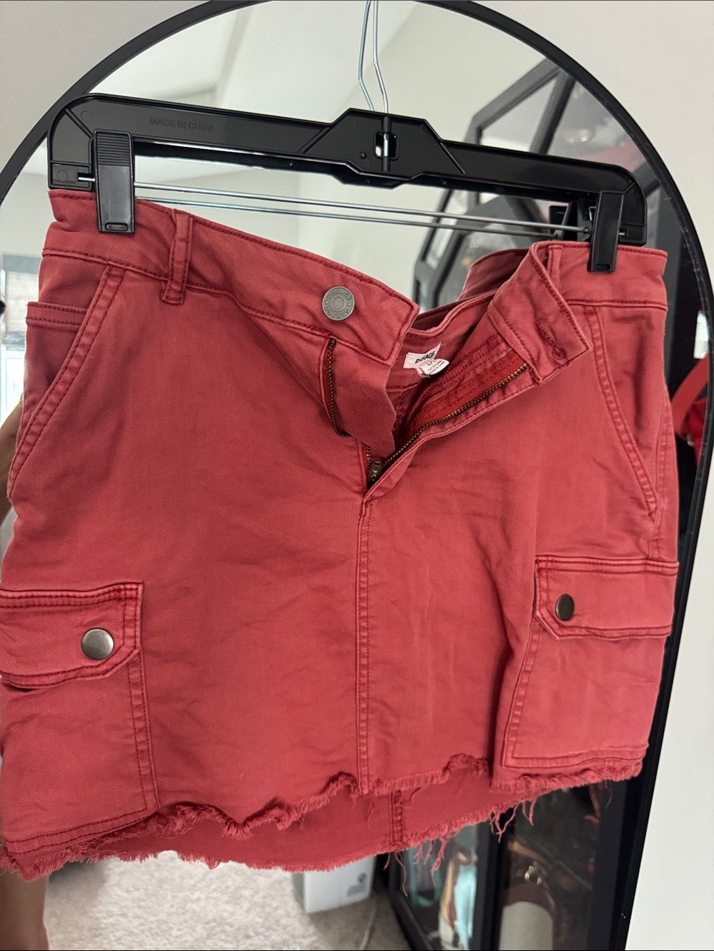 Garage Red Cargo Frayed Hem Mini Skort